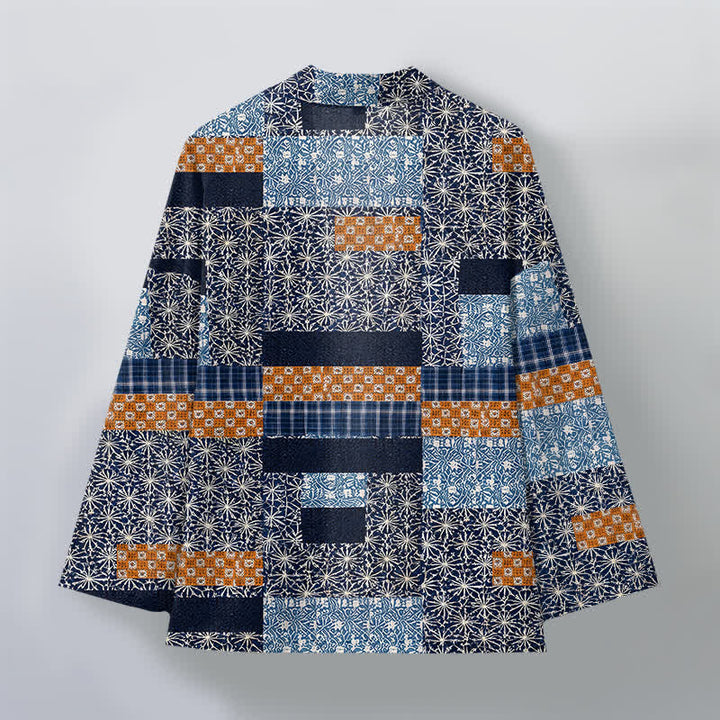 Buddha Stones Kimono für Herren aus Baumwolle mit geometrischem Patchwork-Muster und offener Vorderseite - image 2