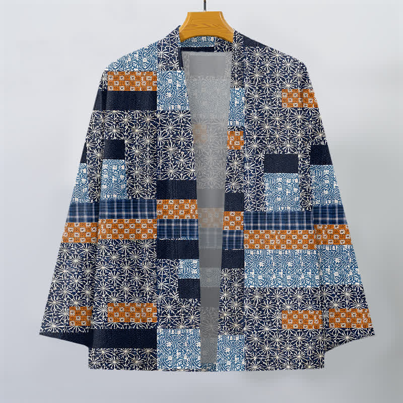 Buddha Stones Kimono für Herren aus Baumwolle mit geometrischem Patchwork-Muster und offener Vorderseite - image 1