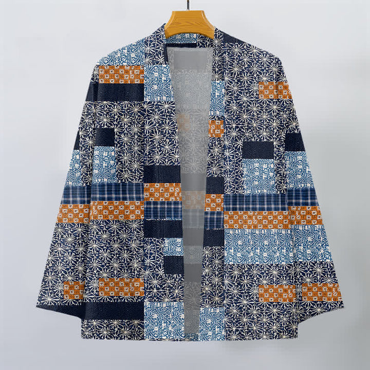 Buddha Stones Kimono für Herren aus Baumwolle mit geometrischem Patchwork-Muster und offener Vorderseite - image 1
