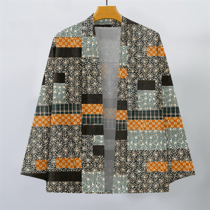 Buddha Stones Kimono für Herren aus Baumwolle mit geometrischem Patchwork-Muster und offener Vorderseite - image 7