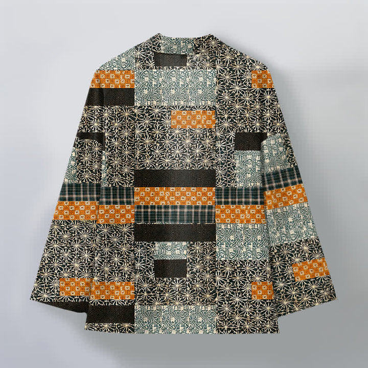 Buddha Stones Kimono für Herren aus Baumwolle mit geometrischem Patchwork-Muster und offener Vorderseite - image 8