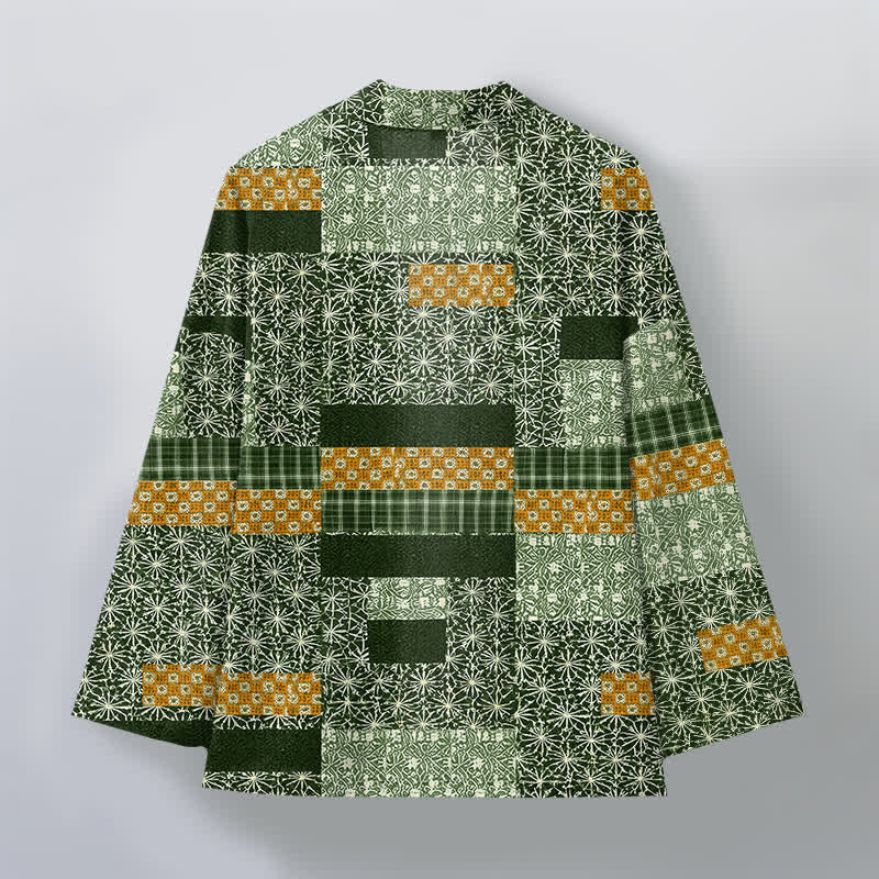 Buddha Stones Kimono für Herren aus Baumwolle mit geometrischem Patchwork-Muster und offener Vorderseite - image 11