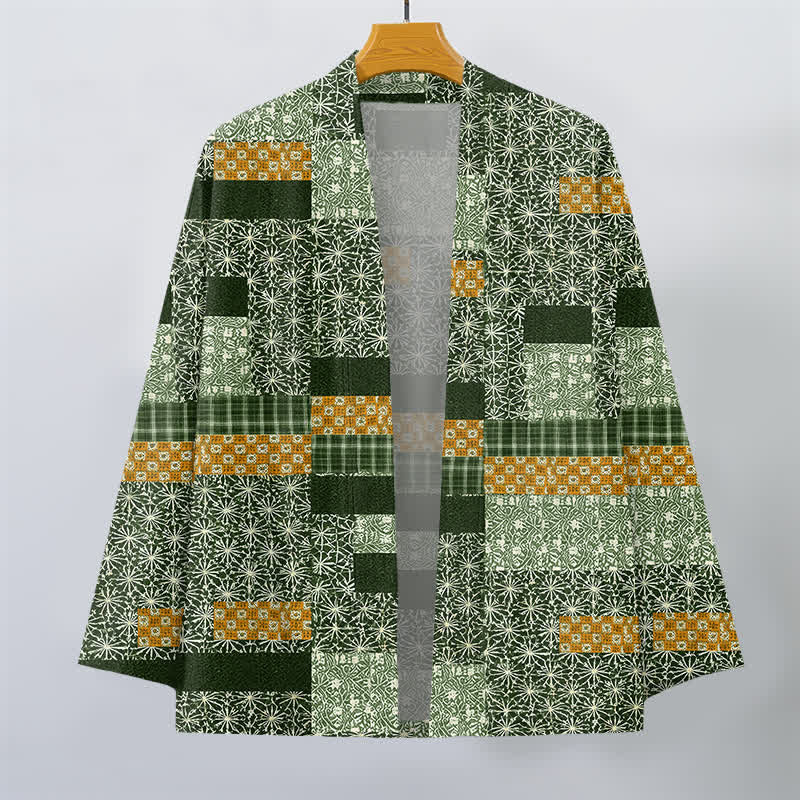 Buddha Stones Kimono für Herren aus Baumwolle mit geometrischem Patchwork-Muster und offener Vorderseite - image 10