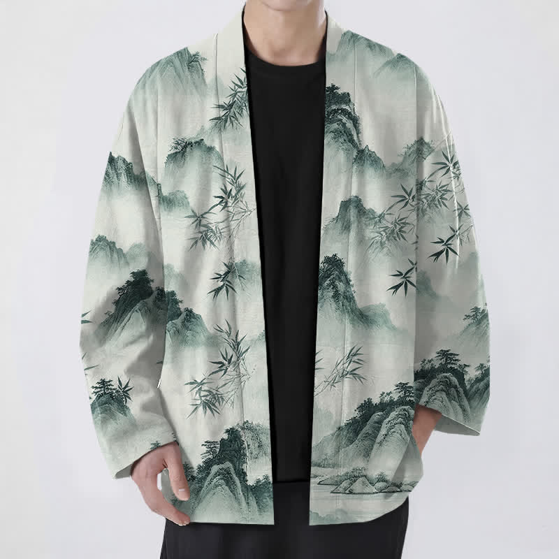Buddha Stones Kimono für Herren aus Baumwolle mit Bambus- und Berglandschaftsmuster und offener Vorderseite - Dunkelmeergrün - US/UK/AU48, EU58 (4XL) - image 0