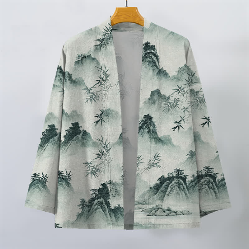 Buddha Stones Kimono für Herren aus Baumwolle mit Bambus- und Berglandschaftsmuster und offener Vorderseite - image 1