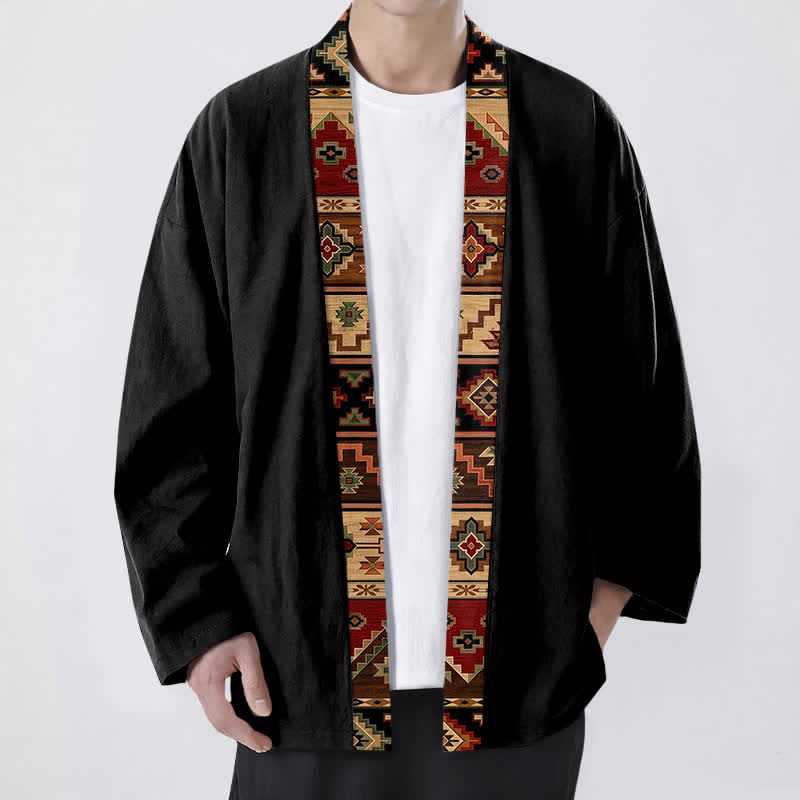 Buddha Stones Kimono für Herren aus Baumwolle mit geometrischem Tribal-Borte und offener Vorderseite - Schwarz - US/UK/AU48, EU58 (4XL) - image 0