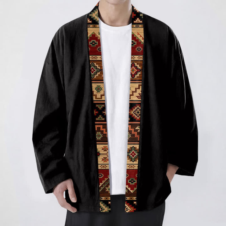 Buddha Stones Kimono für Herren aus Baumwolle mit geometrischem Tribal-Borte und offener Vorderseite - Schwarz - US/UK/AU48, EU58 (4XL) - image 0