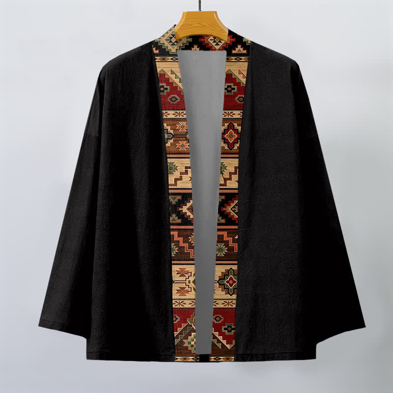 Buddha Stones Kimono für Herren aus Baumwolle mit geometrischem Tribal-Borte und offener Vorderseite - image 1