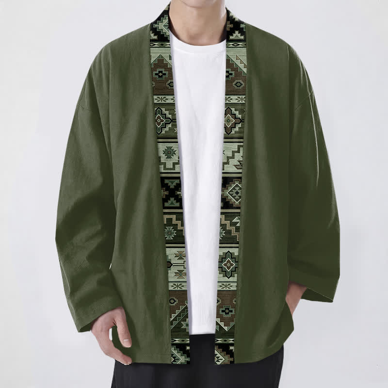 Buddha Stones Kimono für Herren aus Baumwolle mit geometrischem Tribal-Borte und offener Vorderseite - Dunkelolivgrün - US/UK/AU48, EU58 (4XL) - image 6