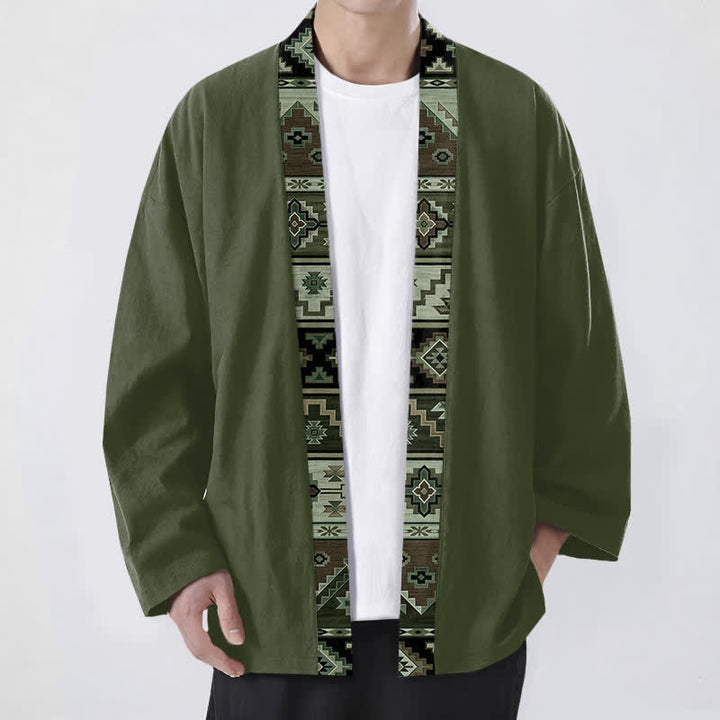 Buddha Stones Kimono für Herren aus Baumwolle mit geometrischem Tribal-Borte und offener Vorderseite - Dunkelolivgrün - US/UK/AU48, EU58 (4XL) - image 6