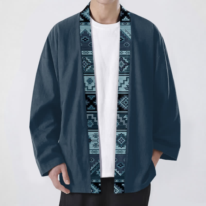 Buddha Stones Kimono für Herren aus Baumwolle mit geometrischem Tribal-Borte und offener Vorderseite - SteelBlue - US/UK/AU48, EU58 (4XL) - image 9