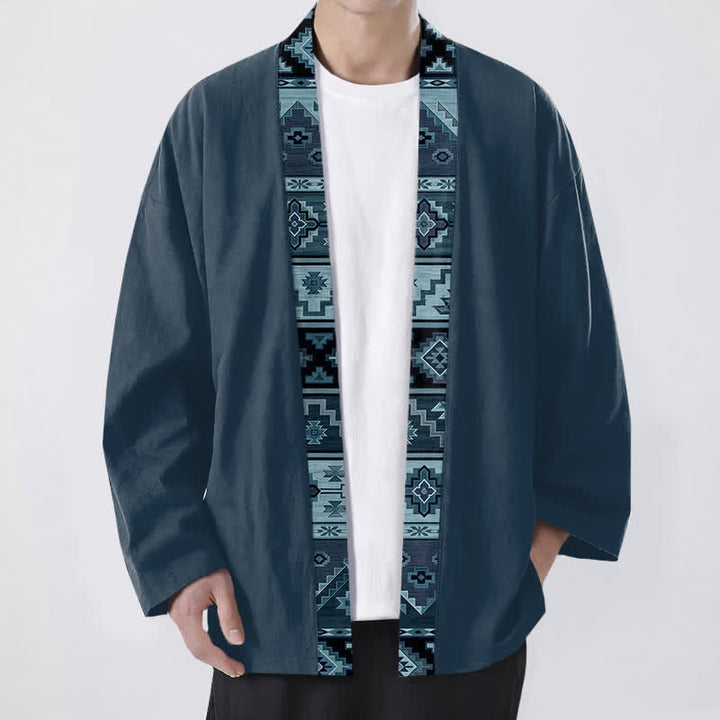 Buddha Stones Kimono für Herren aus Baumwolle mit geometrischem Tribal-Borte und offener Vorderseite - SteelBlue - US/UK/AU48, EU58 (4XL) - image 9