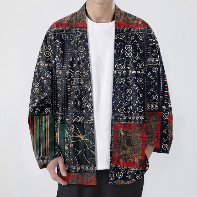 Buddha Stones Kimono aus Baumwolle mit offenem Vorderteil und geometrischem Patchwork-Muster im Ethno-Stil für Herren - Marine - US/UK/AU48, EU58 (4XL) - image 0