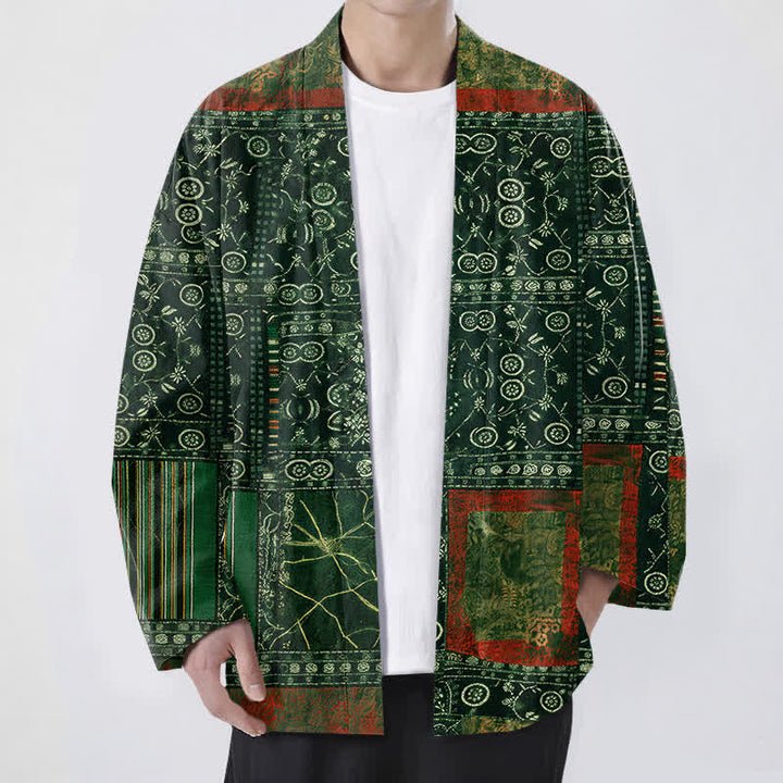 Buddha Stones Kimono aus Baumwolle mit offenem Vorderteil und geometrischem Patchwork-Muster im Ethno-Stil für Herren - Waldgrün - US/UK/AU48, EU58 (4XL) - image 6