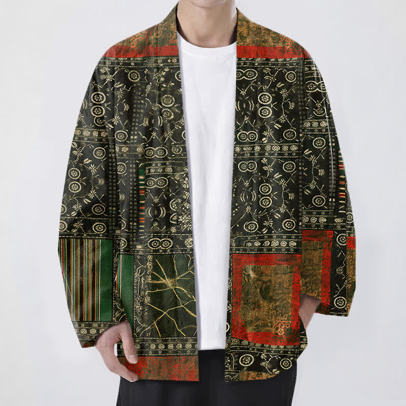 Buddha Stones Kimono aus Baumwolle mit offenem Vorderteil und geometrischem Patchwork-Muster im Ethno-Stil für Herren - Dunkelolivgrün - US/UK/AU48, EU58 (4XL) - image 9