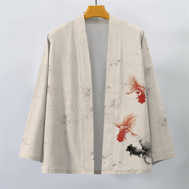 Buddha Stones Kimono für Herren aus Baumwolle mit Koi-Fisch- und Wellenmuster, offener Vorderseite - image 1