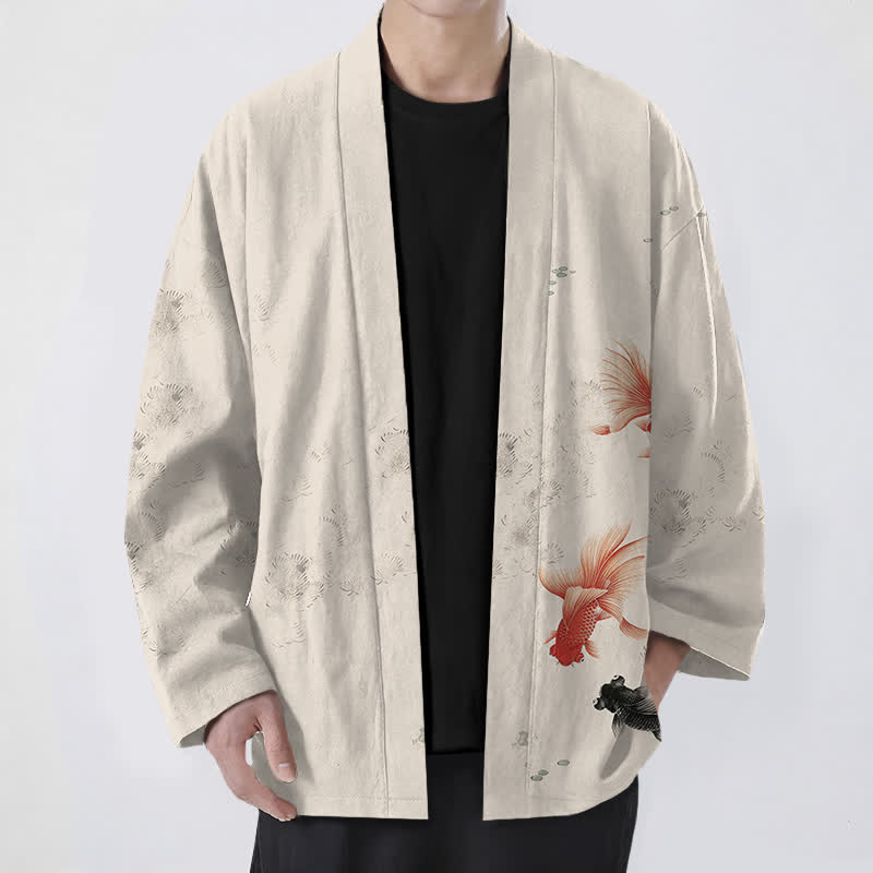 Buddha Stones Kimono für Herren aus Baumwolle mit Koi-Fisch- und Wellenmuster, offener Vorderseite - Leinen - US/UK/AU48, EU58 (4XL) - image 0