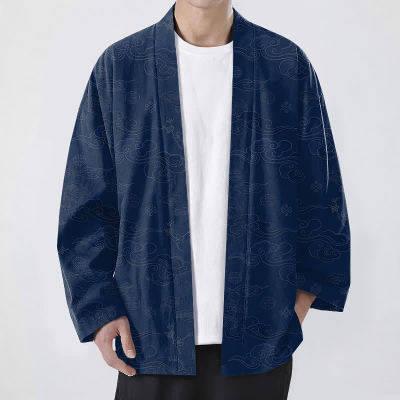 Buddha Stones Kimono aus Baumwolle mit glückverheißendem Wolkenmuster und offener Vorderseite für Herren - Marine - US/UK/AU48, EU58 (4XL) - image 0