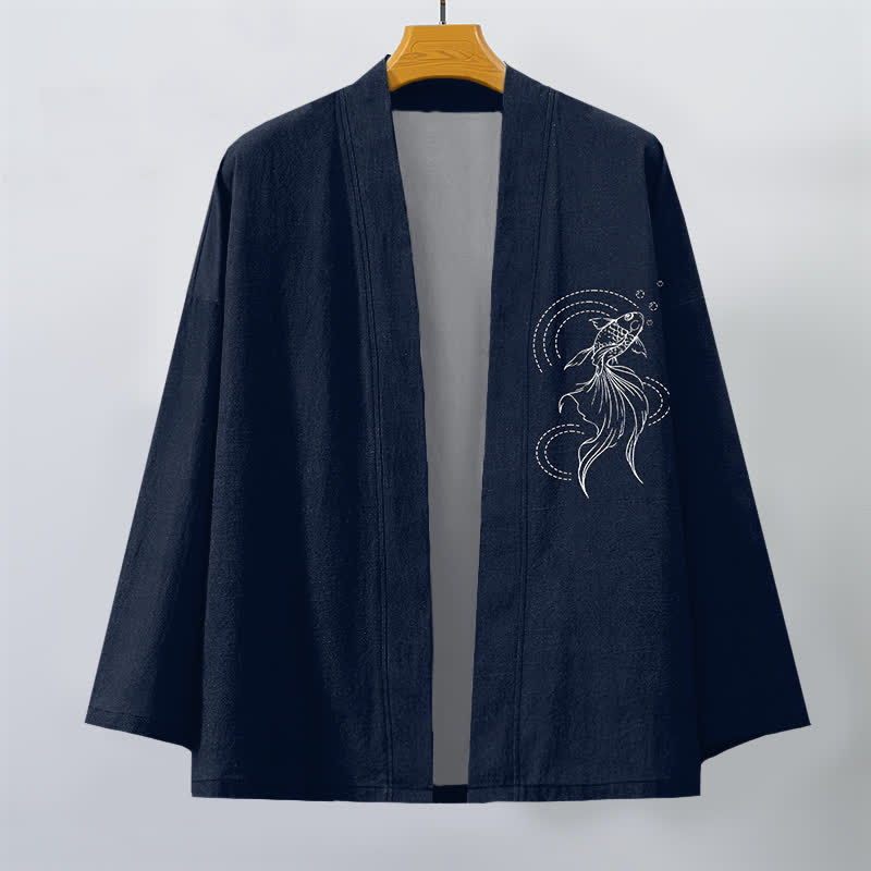 Buddha Stones Weißer Baumwollkimono mit Koi-Fisch-Wellenmuster und offener Vorderseite für Herren - image 1