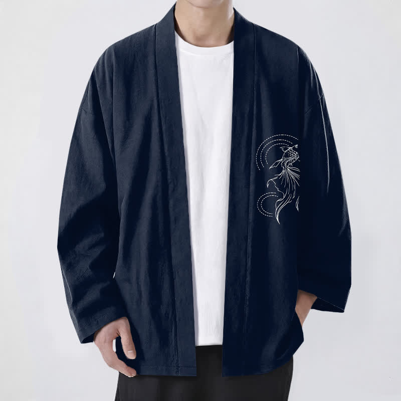 Buddha Stones Weißer Baumwollkimono mit Koi-Fisch-Wellenmuster und offener Vorderseite für Herren - Marine - US/UK/AU48, EU58 (4XL) - image 0