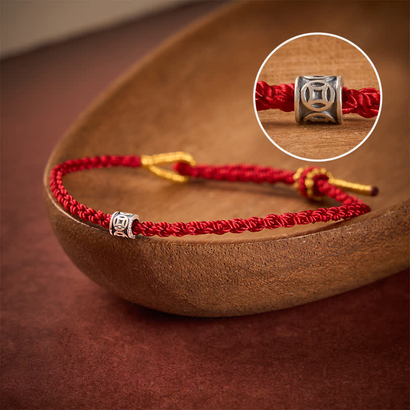 Buddha Stones Schwarzes und rotes Armband aus 925er Sterlingsilber mit chinesischem Münzmotiv zum Schutz – minimalistisches Design - Dunkelrote Schnur - 5,5–6,3 Zoll (14–16 cm) - image 0