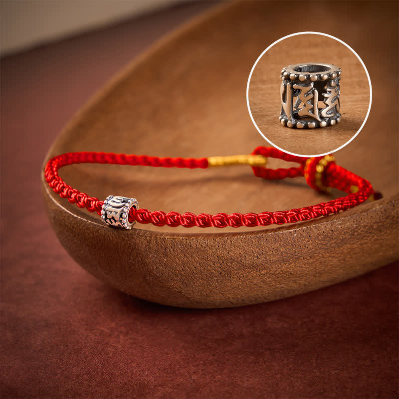 Buddha Stones Schwarzes und rotes Armband aus 925er Sterlingsilber mit Om-Mania-Padme-Motiv zum Schutz – minimalistisch - Rote Schnur - 5,5–6,3 Zoll (14–16 cm) - image 0