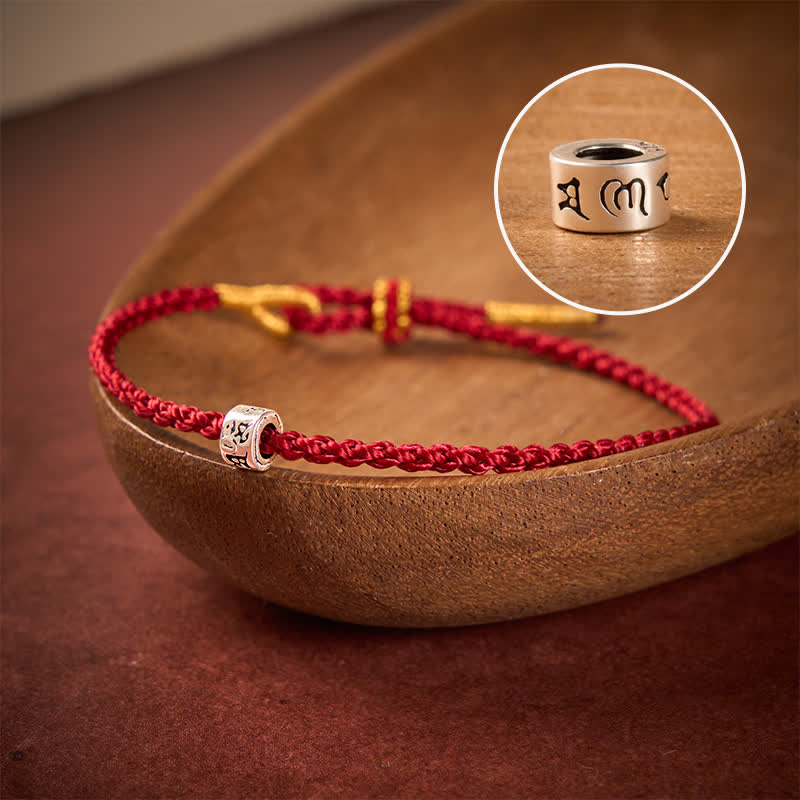 Buddha Stones Schwarzes und rotes Armband aus 925er Sterlingsilber mit Om-Mani-Padme-Motiv – minimalistisches Design - Dunkelrote Schnur - 5,5–6,3 Zoll (14–16 cm) - image 0