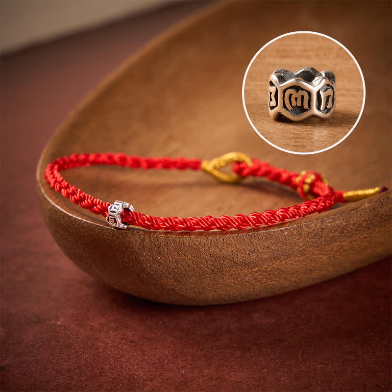 Buddha Stones Schwarzes und rotes Armband aus 925er Sterlingsilber mit Om-, Mani-, Padme- und Hum-Anhängern (Glücksrad). - Rote Schnur - 5,5–6,3 Zoll (14–16 cm) - image 0
