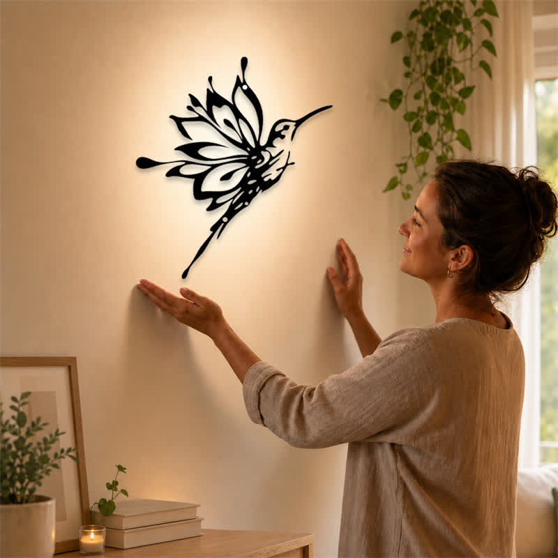 Buddha Stones Lotuskolibri – Wandbild „Neuanfänge“ – Matte schwarze Silhouette aus Eisen – Bedeutungsvolle Symbole - image 1