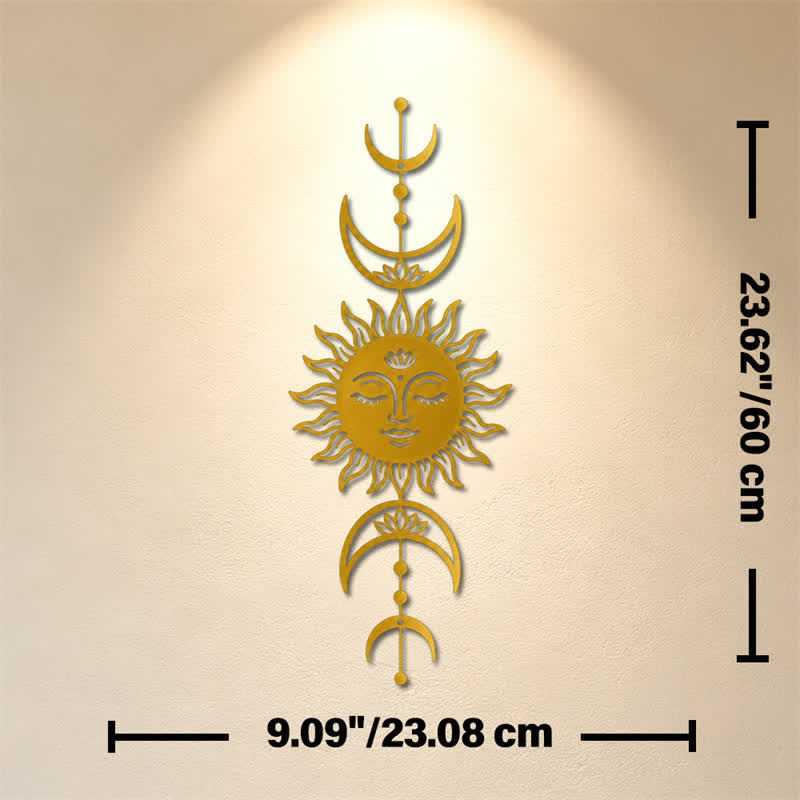 Buddha Stones Boho-Wandkunst mit Sonne, Mond, Lotusblume, Intuition, Eisen – Bedeutungsvolle Symbole - Golden - Ca. 23,08 cm x 60 cm x 0,12 cm / 9,09 Zoll x 23,62 Zoll x 0,05 Zoll - image 22