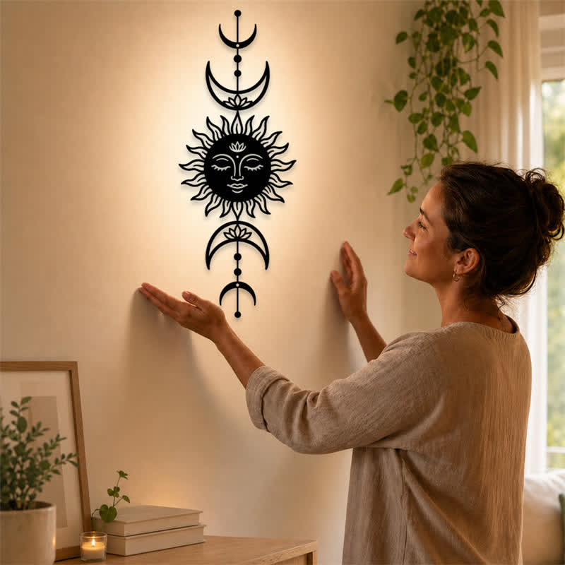 Buddha Stones Boho-Wandkunst mit Sonne, Mond, Lotusblume, Intuition, Eisen – Bedeutungsvolle Symbole - image 1