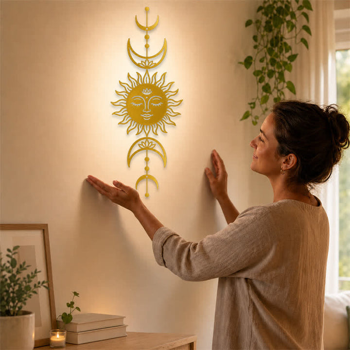 Buddha Stones Boho-Wandkunst mit Sonne, Mond, Lotusblume, Intuition, Eisen – Bedeutungsvolle Symbole - image 13
