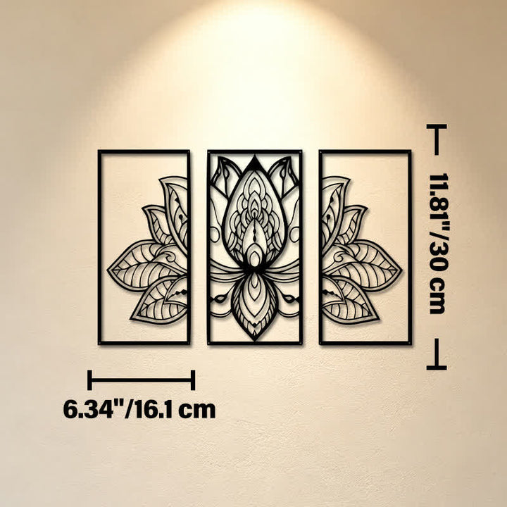 Buddha Stones Lotus-Triptychon der Aufklärung, Eisen, Metall, bedeutungsvolle Symbole, Wandkunst - Ca. 16,1 cm x 30 cm x 0,1 cm / 6,34 Zoll x 11,81 Zoll x 0,04 Zoll - image 4