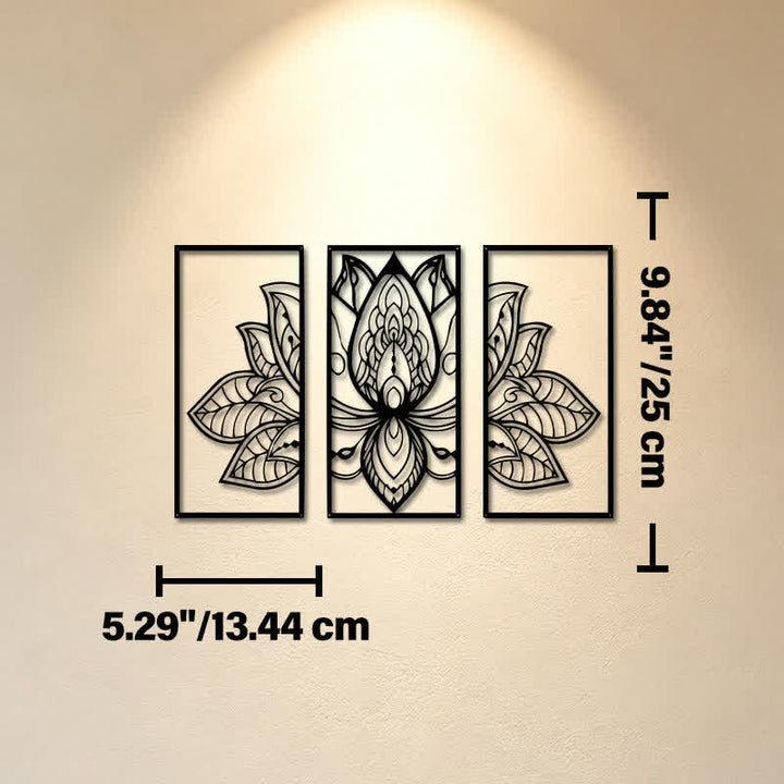 Buddha Stones Lotus-Triptychon der Aufklärung, Eisen, Metall, bedeutungsvolle Symbole, Wandkunst - Ca. 13,44 cm x 25 cm x 0,1 cm / 5,29 Zoll x 9,84 Zoll x 0,04 Zoll - image 2