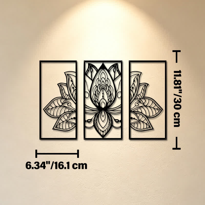 Buddha Stones Lotus-Triptychon der Aufklärung, Eisen, Metall, bedeutungsvolle Symbole, Wandkunst - Ca. 16,1 cm x 30 cm x 0,1 cm / 6,34 Zoll x 11,81 Zoll x 0,04 Zoll - image 4