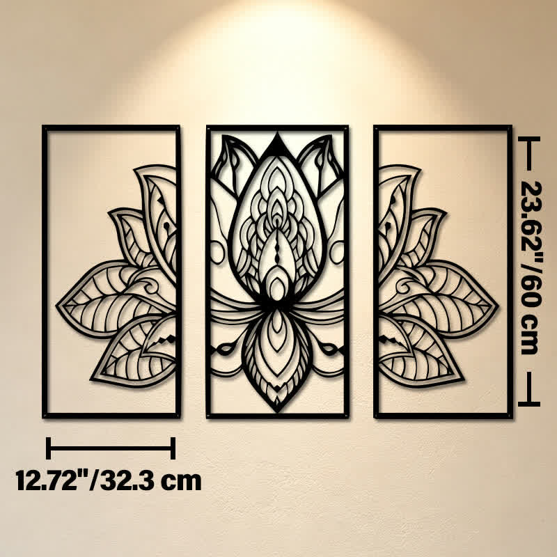 Buddha Stones Lotus-Triptychon der Aufklärung, Eisen, Metall, bedeutungsvolle Symbole, Wandkunst - Ca. 32,3 cm x 60 cm x 0,12 cm / 12,72 Zoll x 23,62 Zoll x 0,05 Zoll - image 12