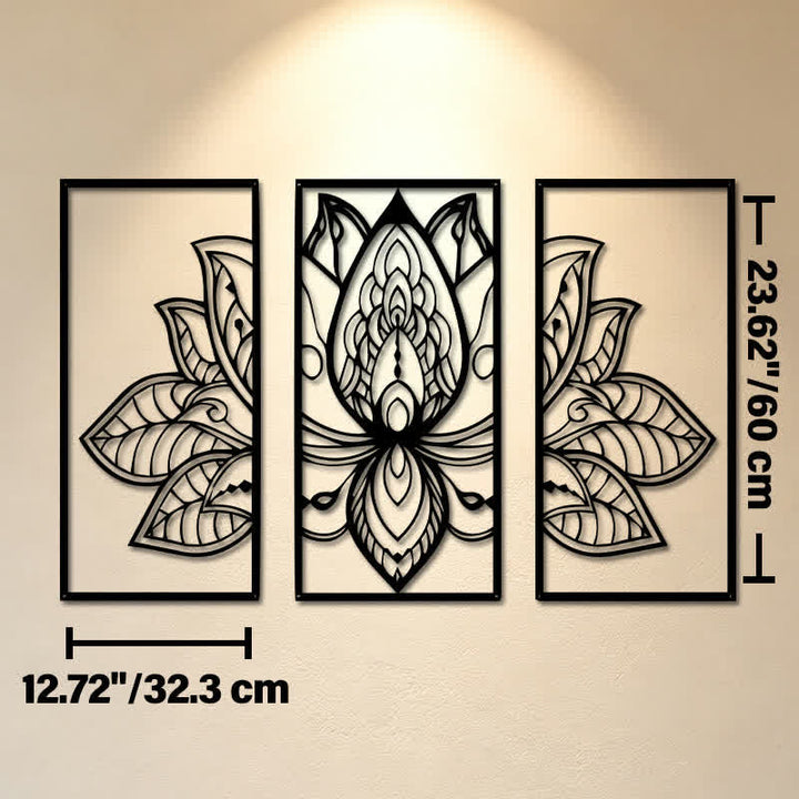 Buddha Stones Lotus-Triptychon der Aufklärung, Eisen, Metall, bedeutungsvolle Symbole, Wandkunst - Ca. 32,3 cm x 60 cm x 0,12 cm / 12,72 Zoll x 23,62 Zoll x 0,05 Zoll - image 12