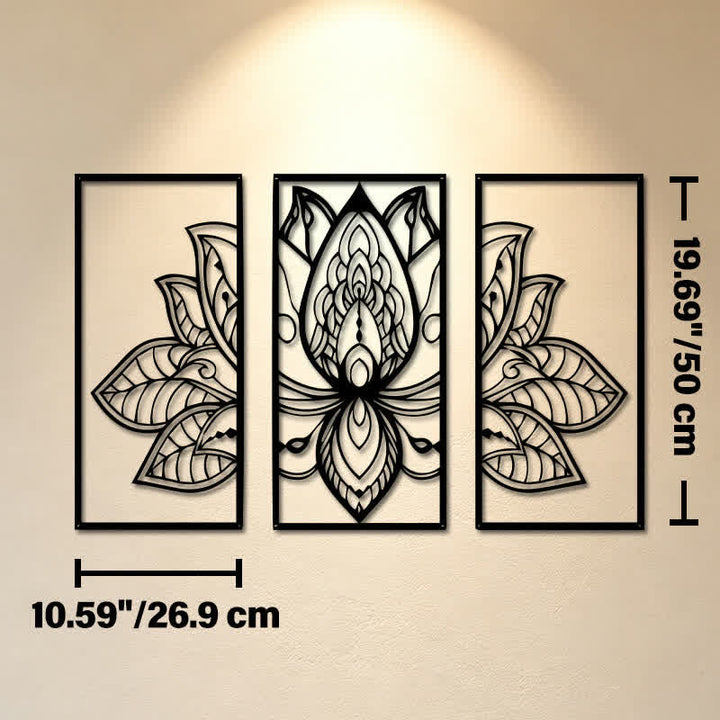 Buddha Stones Lotus-Triptychon der Aufklärung, Eisen, Metall, bedeutungsvolle Symbole, Wandkunst - Ca. 26,9 cm x 50 cm x 0,12 cm / 10,59 Zoll x 19,69 Zoll x 0,05 Zoll - image 10