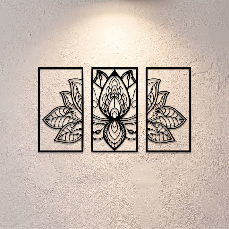 Buddha Stones Lotus-Triptychon der Aufklärung, Eisen, Metall, bedeutungsvolle Symbole, Wandkunst - image 0