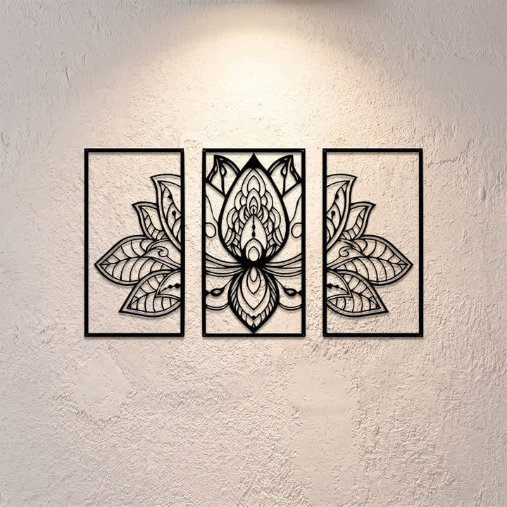 Buddha Stones Lotus-Triptychon der Aufklärung, Eisen, Metall, bedeutungsvolle Symbole, Wandkunst - image 0