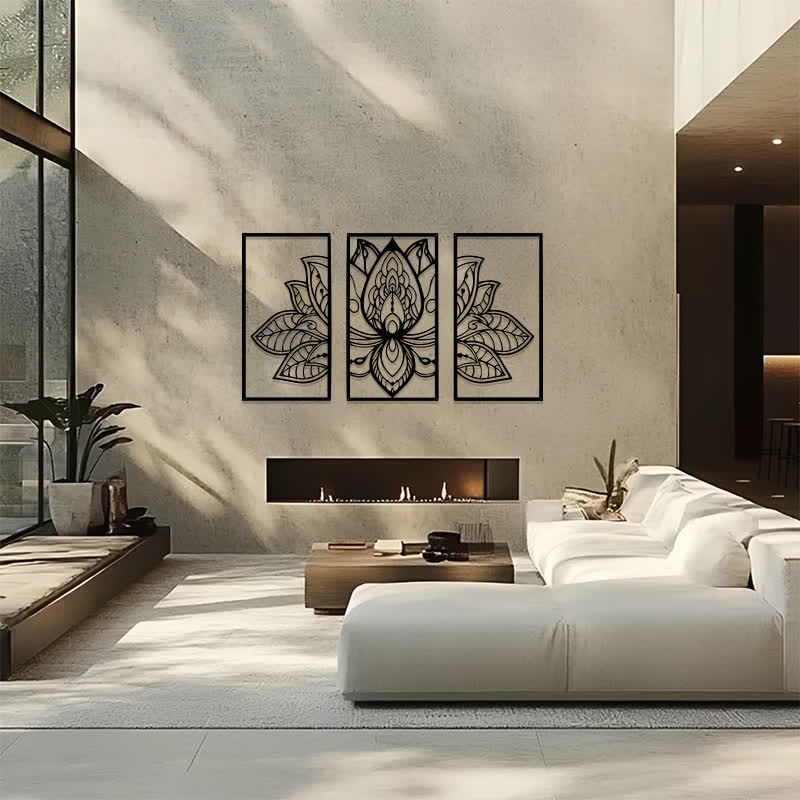 Buddha Stones Lotus-Triptychon der Aufklärung, Eisen, Metall, bedeutungsvolle Symbole, Wandkunst - image 13