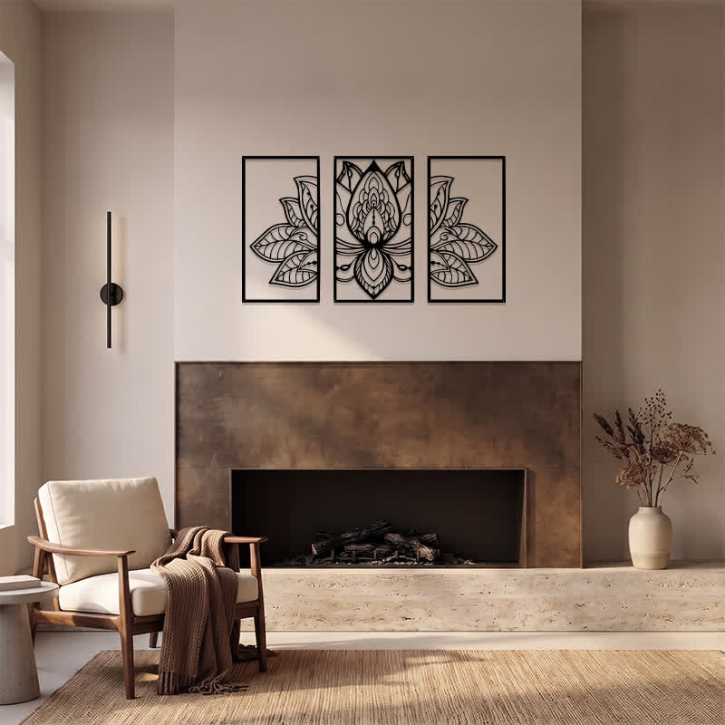 Buddha Stones Lotus-Triptychon der Aufklärung, Eisen, Metall, bedeutungsvolle Symbole, Wandkunst - image 11