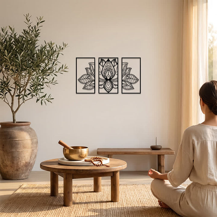 Buddha Stones Lotus-Triptychon der Aufklärung, Eisen, Metall, bedeutungsvolle Symbole, Wandkunst - image 5