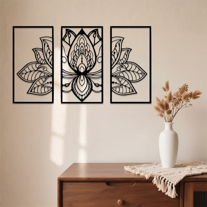 Buddha Stones Lotus-Triptychon der Aufklärung, Eisen, Metall, bedeutungsvolle Symbole, Wandkunst - image 3