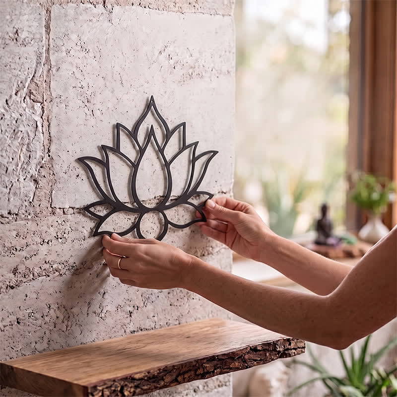 Buddha Stones Wandbild aus mattschwarzem Lotus, Reinheit, Zen, Eisen und Metall mit bedeutungsvollen Symbolen - image 1