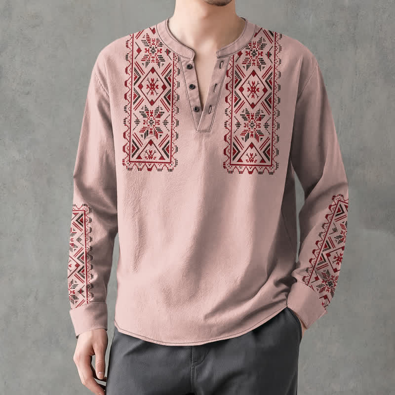 Buddha Stones Herrenhemd aus Baumwolle mit geometrischem Ethno-Muster, V-Ausschnitt und Knöpfen, langärmlig - Hellrosa - US/UK/AU48, EU58 (4XL) - image 0