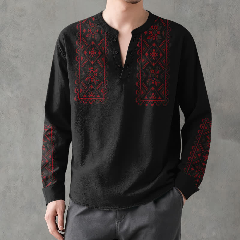 Buddha Stones Herrenhemd aus Baumwolle mit geometrischem Ethno-Muster, V-Ausschnitt und Knöpfen, langärmlig - Schwarz - US/UK/AU48, EU58 (4XL) - image 14