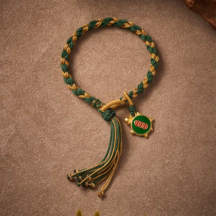 Buddha Stones Gelbgrünes handgewebtes Heilarmband mit Schildkrötenmotiv - image 2
