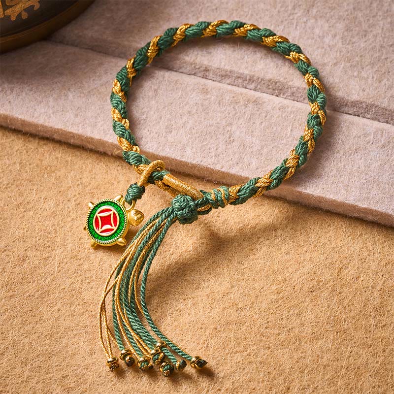 Buddha Stones Gelbgrünes handgewebtes Heilarmband mit Schildkrötenmotiv - image 1