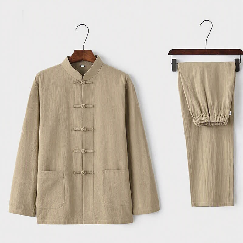 Buddha Stones 2-teiliges Tang-Anzug-Set mit traditionellen Froschknopf-Uniformen, langärmeligem Hemd und Hose für Herren - Beige - US/UK/AU44, EU54 (5XL) - image 0